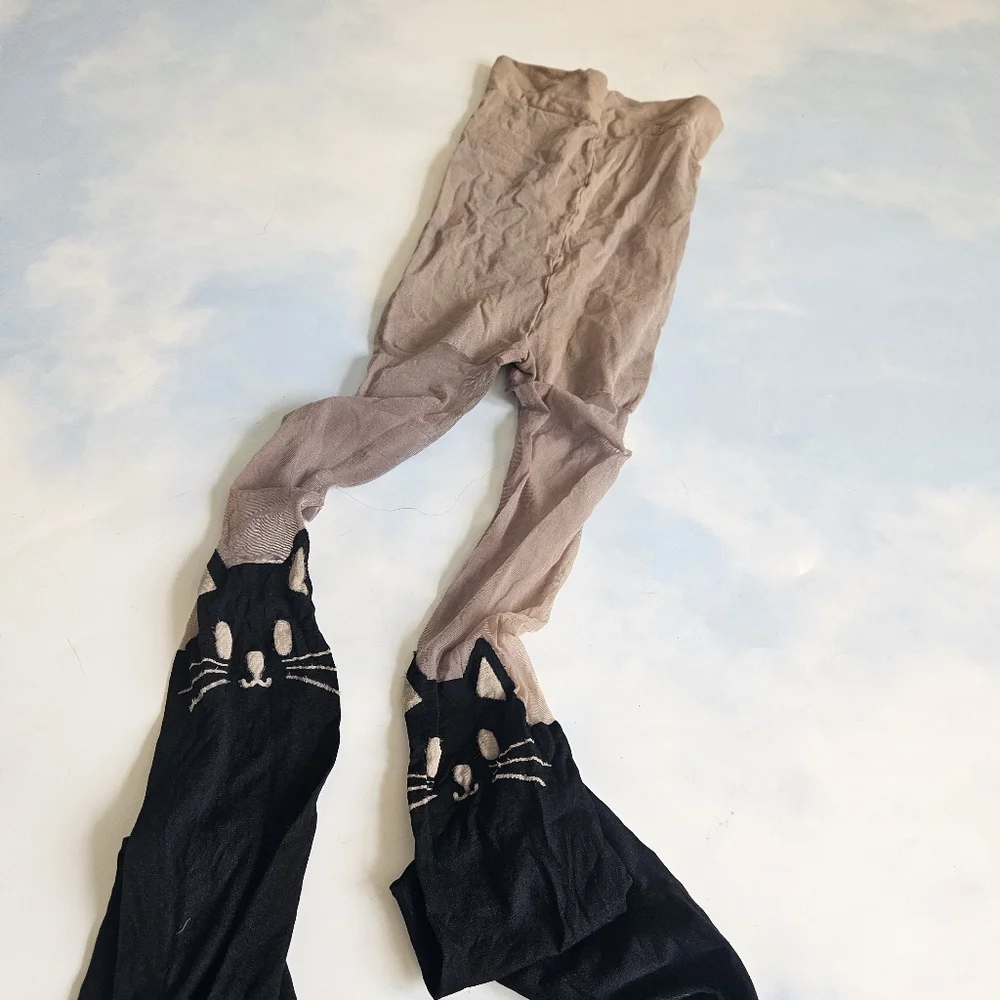 Black & Tan Skin Tone Cat Face Print Stockings Cat Tights
